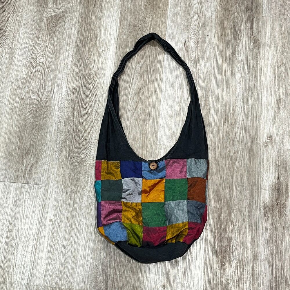 Vintage Colorful Patchwork Boho Hobo Bag – Hippie Sling Tote with Button Closure